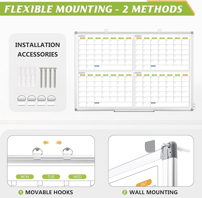 Dry Erase Calendar Whiteboard for Wall, 36" x 24" Magnetic Planner, Silver Aluminum Frame 4 Month Board for Office Home and School-DeskLoop Office