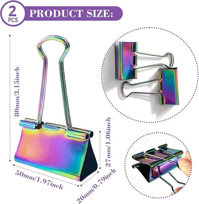 2 Pcs Rainbow Paper Clamps, Medium Binder Clips, 2 Inch Length - Image 2