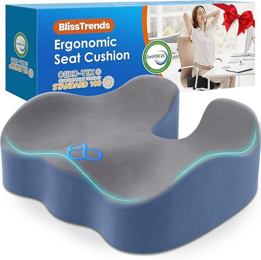 BlissTrends Seat Cushion,Thick Memory Foam Cushions for Office Chair, Car Seat, Airplane, Relieving Pressure Tailbone Sciatica Back Pain for Office Workers, Car Drivers 4.7in Thick Dark Grey&Blue-DeskLoop Office