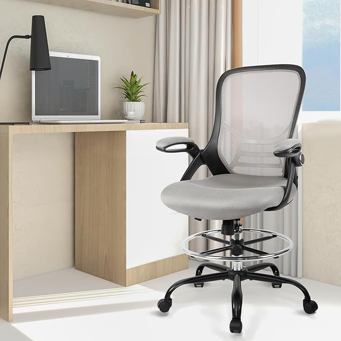 HYLONE Drafting Chair, Tall Office Chair Standing Desk Chair Grey Mesh High-Back Drafting Stool with Flip-Up Arms, Adjustable Foot Ring-DeskLoop Office