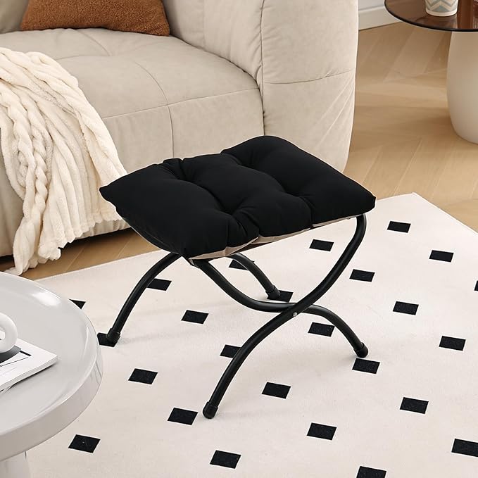 LITA Folding Upholstered Footrest Stool, Modern Small Portable Accent Ottoman with Detachable Thick Cotton Cushion Padded Sofa Stool with Metal Frame for Lazy Chair, Living Room & Bedroom, Black-DeskLoop Office