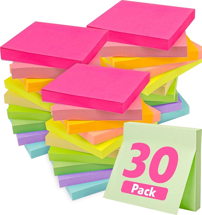 30 Pads Sticky Notes 3x3, Self-Stick Pads Bulk Bright Colors, School Supplies by YesBes
