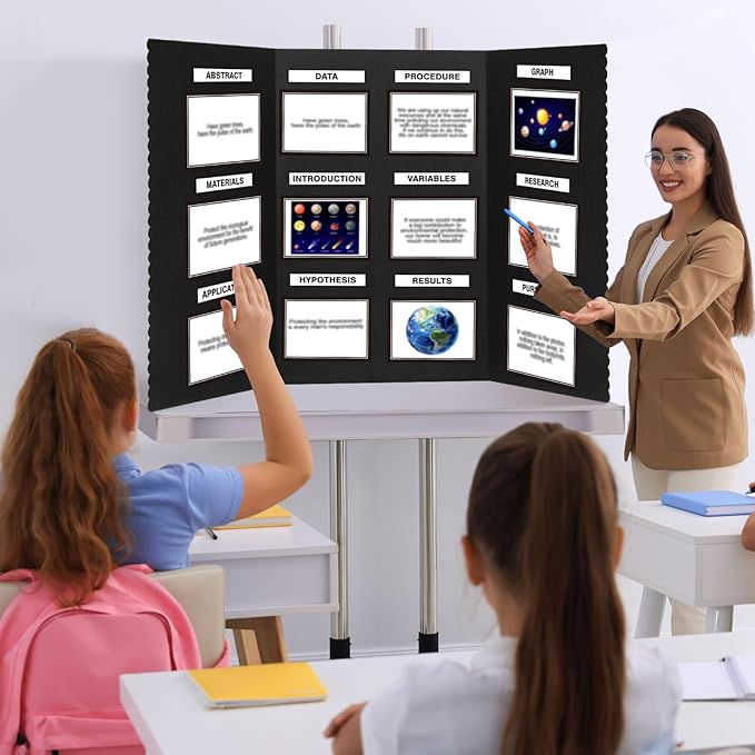 Paterr Trifold Poster Board with Storage Bag, Hook and Loop Fabric, Foldable 3 Panel Presentation Board for Science Fair and Exhibitions (Black,54 x 30 Inch)-DeskLoop Office