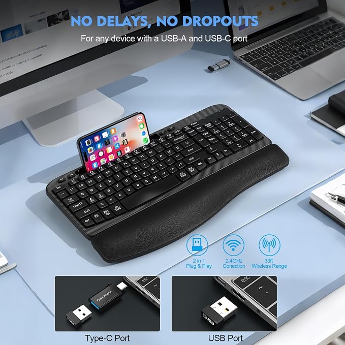 EAYBLLY 2.4G Wireless Ergonomic Keyboard, Full Size Wave Keys - Image 5