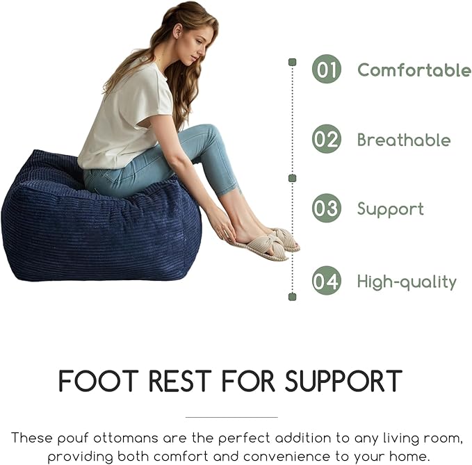HIGOGOGO Square Stuffed Pouf Ottoman, Corduroy Poufs with Foam Chunk Filling, Furry and Fluffy Pouf Foot Stool Storage Ottoman, 25.6 X 25.6 Floor Poufs Foot Rest for Living Room, Navy-DeskLoop Office