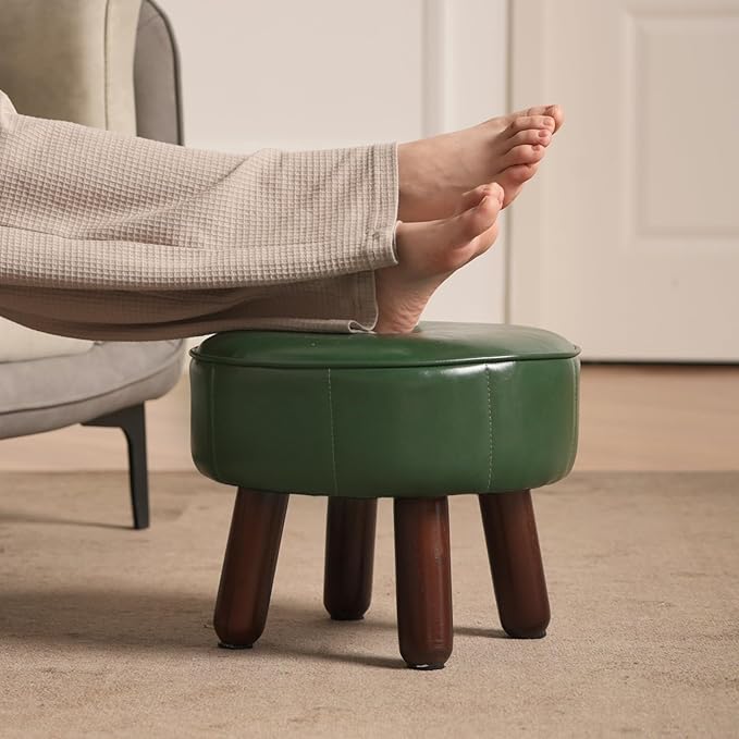 13in Small Foot Stool Ottoman, Round Faux Leather Foot Rest for Couch, Under Desk Pouf Footstool Footrest with Non-Skid Rubber Legs for Ling Room, Bedroom, 13''L x 13''W x 10.2''H, Green-DeskLoop Office