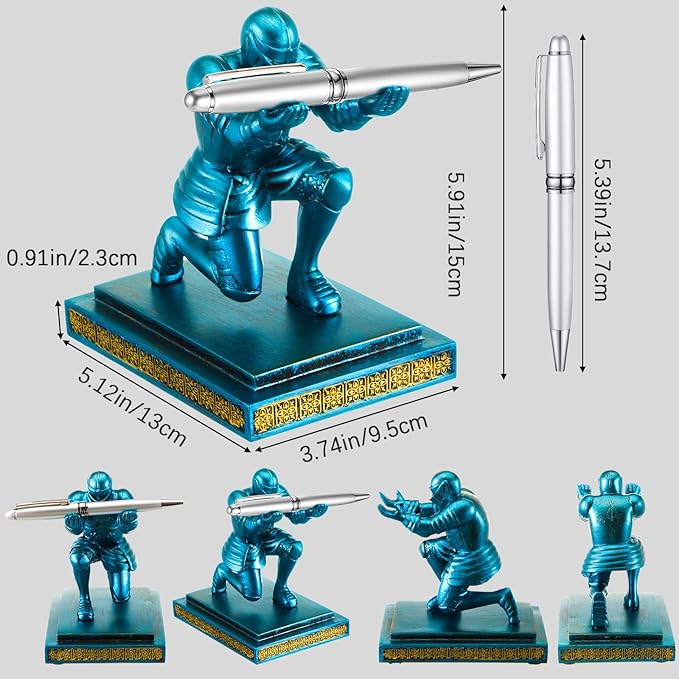 Spakon Knight Pen Holder with 2 Pens Resin Desk Organizers and Accessories Funny Executive Pen Stand Fancy Cool Office Gadgets Cool Desk Decorations for Men Home Supplies(Classic,Blue)-DeskLoop Office