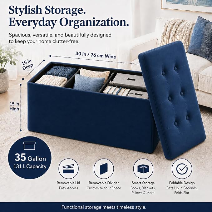 ALASDO 30 Inch Folding Storage Ottoman Bench - Image 2