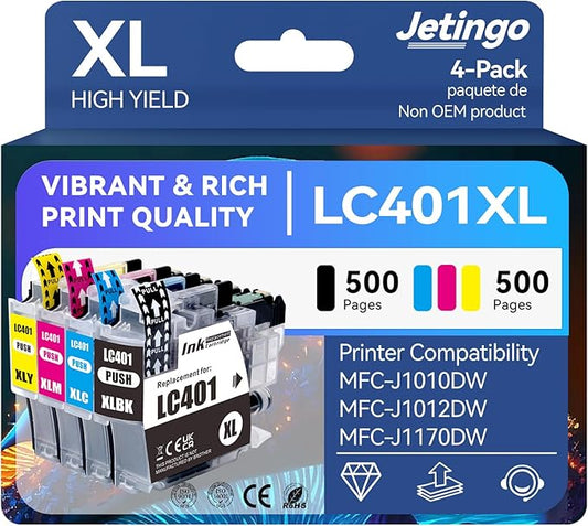 LC401XL Ink Cartridges for Brother Printer 4 Pack Work with Brother MFC-J1010DW MFC-J1012DW MFC-J1170DW Printer (1 Black, 1 Cyan, 1 Magenta, 1 Yellow)-DeskLoop Office