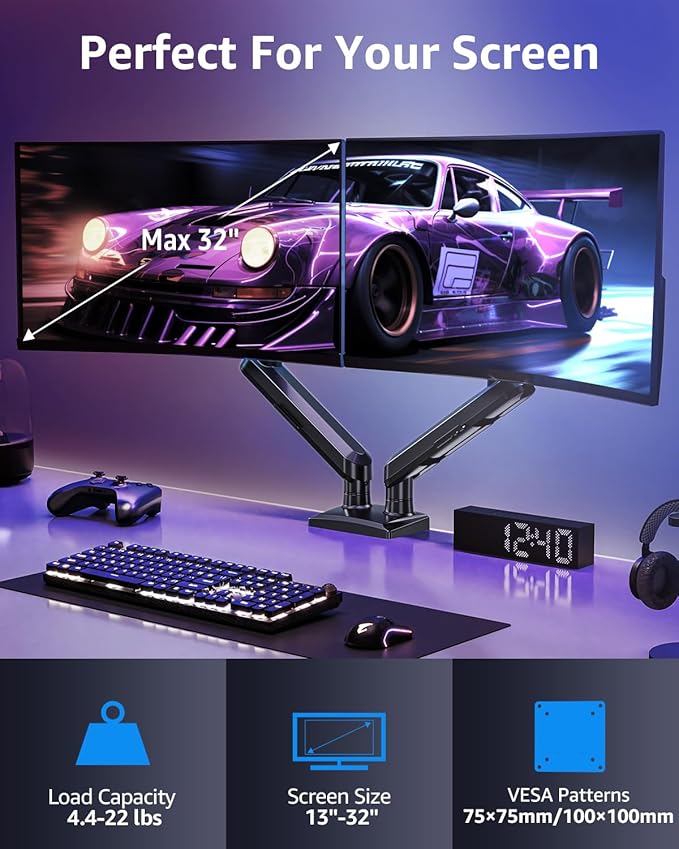 Dual Monitor Mount for 32 27 24 22inch Screens, Gas Spring Monitor Stand for 2 Monitor, Full Adjustable Monitors Desk Mount with C-Clamp＆Grommet Base, Each Arm Holds 4.4-22 lbs, Freelift Pro Black-DeskLoop Office