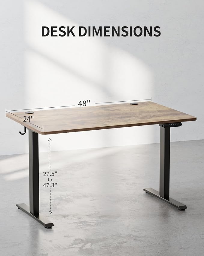 FEZIBO One-Piece Standing Desk Adjustable Height Stand up Home Office Desk, 48x24 Inch Electric Standing Computer Desk, with 4 Memory Presets, Fixable casters, Rustic Brown-DeskLoop Office