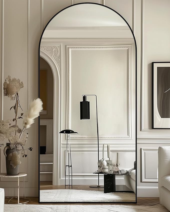 Full-Length Floor Mirror with Stand, 76"x34" Arched Style Full Body Standing Mirror for Bedroom, Living Room, Gym, Dorm - Shatter-Resistant & Easy Assembly, Black-DeskLoop Office