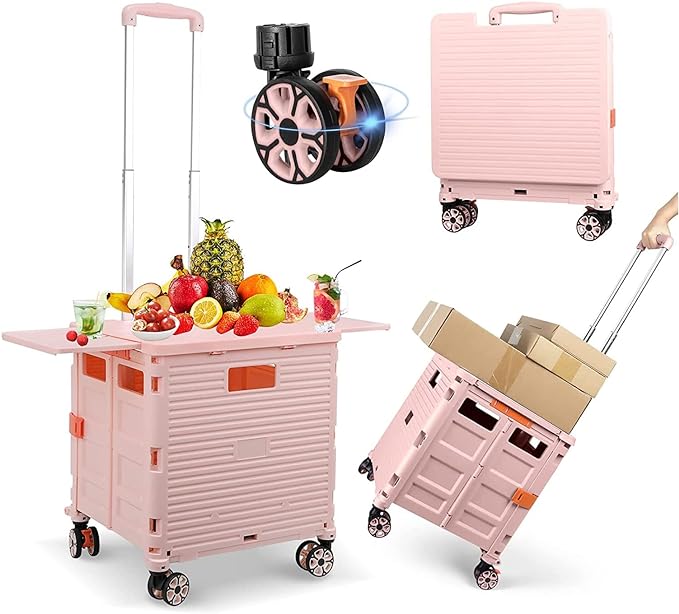 FELICON SELORSS Folding Utility Cart Portable Rolling Crate Handcart-Pink | by FELICON