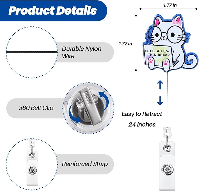 Let's Get This Bread Funny Badge Reel, Cute Cat Retractable ID Card Badge Holder - Image 4