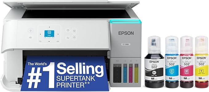 Epson EcoTank ET-2980 Wireless All-in-One Color Supertank Printer with up to 3 Years of Ink, Refillable Tanks, Perfect for Home, 15 PPM, 1.44" Color Screen, Auto 2-Sided Printing - White-DeskLoop Office