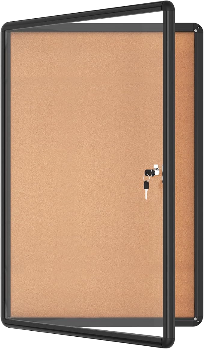 36"x24" Enclosed Bulletin Board, Lockable Weather-Resistant Aluminum Cork Noticeboard for School & Office, Black Frame w/Cork-DeskLoop Office