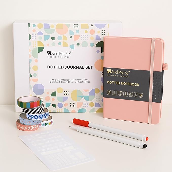 &And Per Se Dotted Journal Notebook Set, A5 Hardcover Dotted Journal (Pink), 6 Fineliner Pens, 8 Sticker, 5 Stencil Sheets & 6 Washi Tapes, Journaling Supplies for Planner Schedule-DeskLoop Office