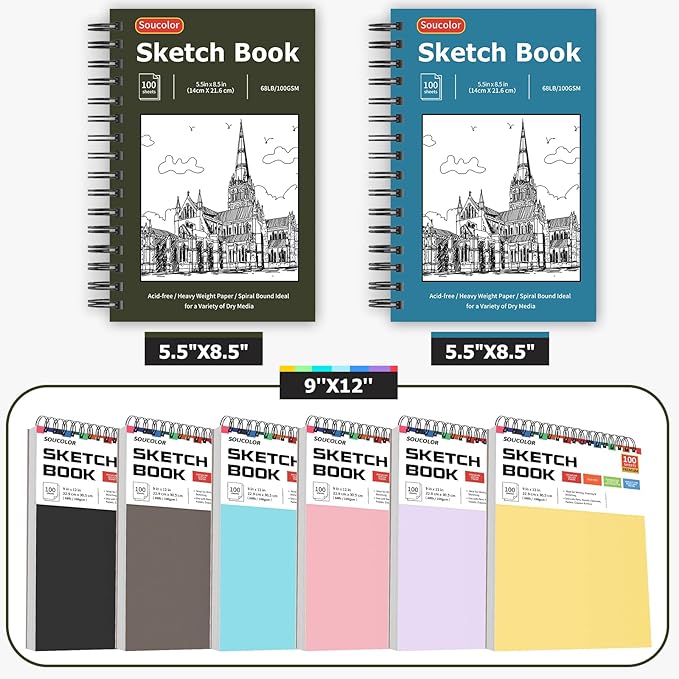 Soucolor 5.5" x 8.5" Sketchbook Pack of 2, 200 Sheets Blank Journal Notebook, A5, Spiral Bound Sketch Pad Drawing Book Acid-Free Paper (68lb/100gsm), Painting Sketching Drawing Notebook Art Supplies-DeskLoop Office