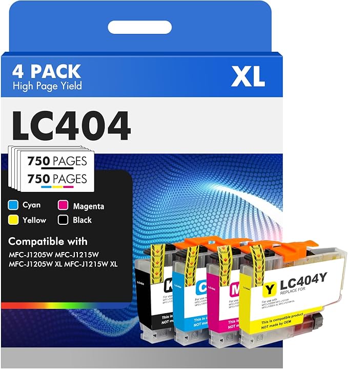 LC404XL LC404 Ink Cartridges for Brother Printer 404XL LC 404 XL for MFC-J1205W MFC-J1215W MFC J1205W J1215W - 4 Pack High Yields Black Cyan Magenta Yellow-DeskLoop Office