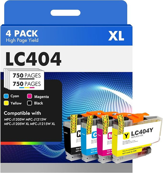 LC404XL LC404 Ink Cartridges for Brother Printer 404XL LC 404 XL for MFC-J1205W MFC-J1215W MFC J1205W J1215W - 4 Pack High Yields Black Cyan Magenta Yellow-DeskLoop Office