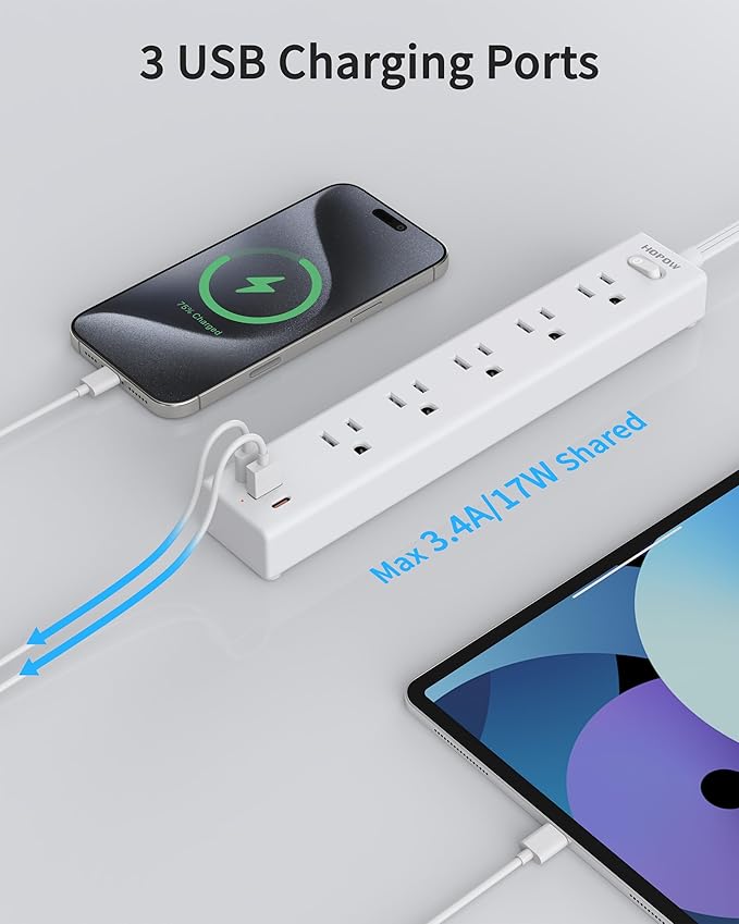 Flat Plug Power Strip, 6 Ft Ultra Thin Flat Extension Cord, Surge Protector with 5 Outlets & 3 USB Ports (2 USB C), 1700 Joules, Wall Mount, Desktop Charging Station for Home Office Dorm, White-DeskLoop Office