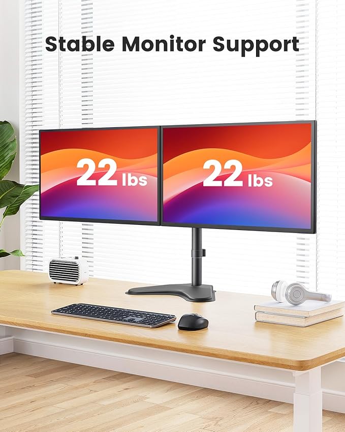 ErGear Freestanding Dual Monitor Stand for 2 Screens up to 32 inch, Heavy Duty Monitor Mount Holds Max 22 lbs per Arm, Height Adjustable Computer Monitor Stand for Desk, VESA 75x75/ 100x100mm, Black-DeskLoop Office