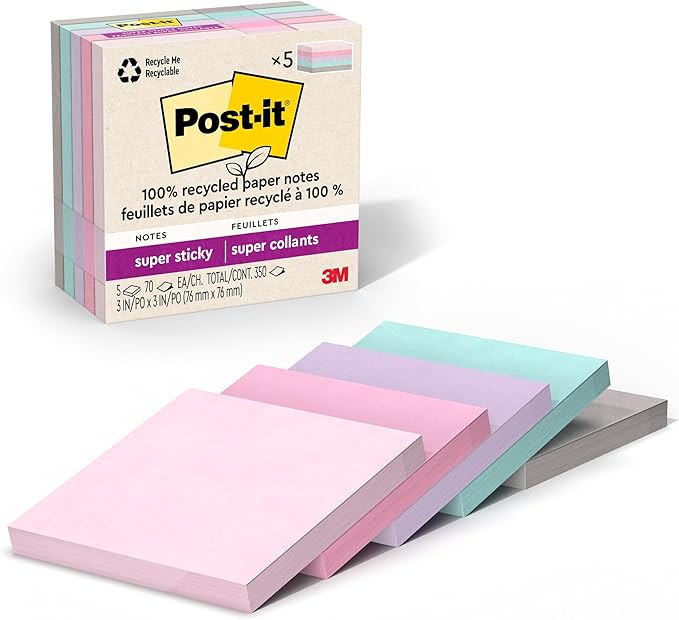 Post-it 100% Recycled Paper Super Sticky Notes, 3 in. x 3 in., 5 Pads, 70 by Unknown