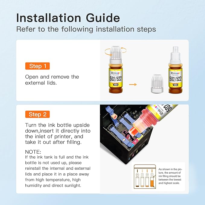 E-Z Ink Compatible Refill Ink Bottle Replacement for Epson 502 T502 522 T522 High Yield to use with ET-4760,ET-3760,ET-2760,ET-3710,ET-2750,ET-3700 Printer (Black, Cyan, Magenta, Yellow, 4 Pack)-DeskLoop Office