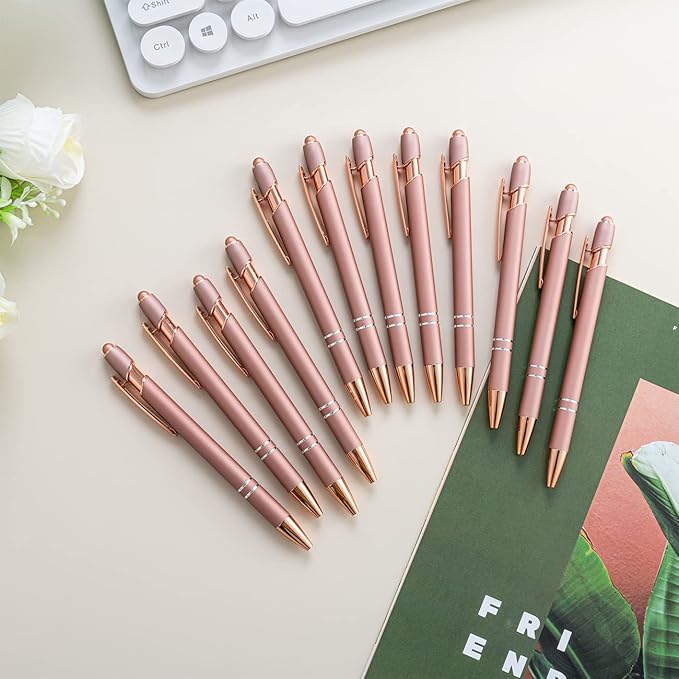 PASISIBICK 12 Pieces Rose Gold Ballpoint Pen with Stylus Tip, 2 in 1 Rose Gold Stylus Pens Stylish Pen, Metal Stylus Pen for Touch Screens, 1.0 mm Black Ink(Pack of 12)-DeskLoop Office
