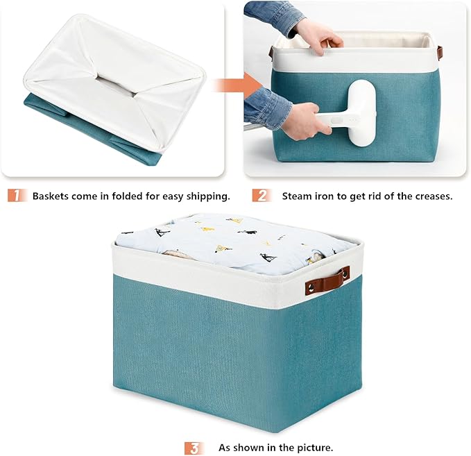 DULLEMELO Large Storage Basket, Collapsible Storage Bins Decorative Storage Baskets for Home Shelves Bedroom, Linen Fabric Basket with Leather Handles for Toys Books Organizing(White&Teal-DeskLoop Office