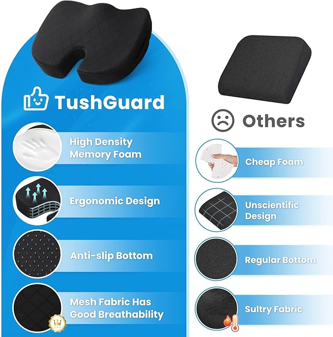 TushGuard Office Chair Cushions with Handles, Back&Seat Cushion, Sciatica & Back Coccyx Tailbone Discomfort Easing Chair Pad, Memory Foam Lumbar Support Pillow for Gaming, Desk, Car (Black, X-Large)-DeskLoop Office
