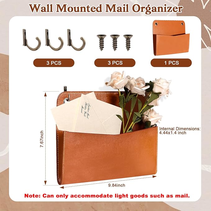 Wall Mount Brown PU Leather Letter Holder 9.8" x 7.7" x 1.4" Mail Holder - Image 2