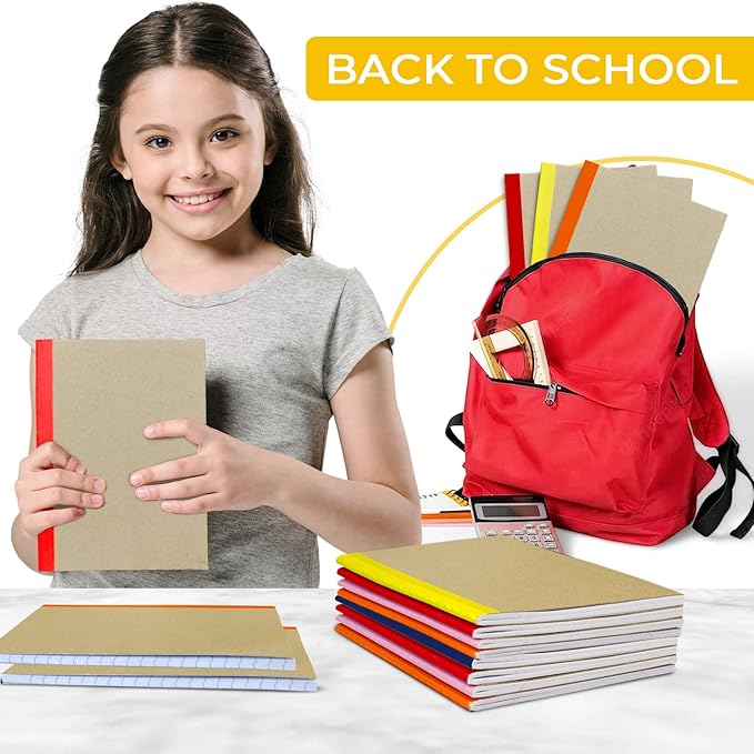 12 Pack Kraft Journals A5, Extra Pages - 120 Pages (60 Sheets), College Ruled, 8 x 5.7 Small Kraft Notebooks, Rainbow Spines, Kraft Composition Notebook Journals for School Home & Office-DeskLoop Office