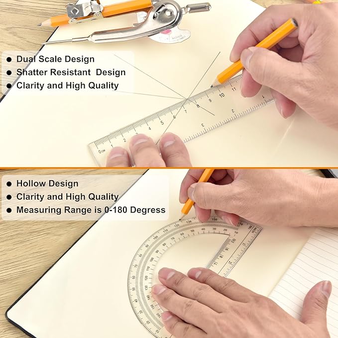 60 Pieces Geometry Math Set Compass for Geometry Math Compass and Protractor Set Include Metal Compass with Pencil Plastic Ruler and Protractor for Student School Office Woodworking Drawing Tools-DeskLoop Office