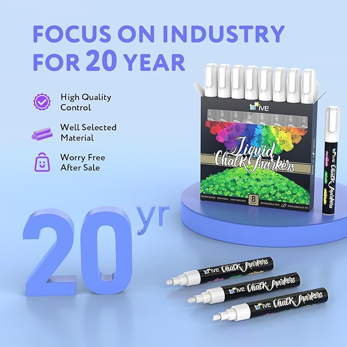 TFIVE White Chalk Markers - Dry & Wet Erase Marker Pens for Chalkboards, Signs, Windows, Blackboard, Glass, Mirrors, Liquid chalkboard markers with Reversible Tip and 24 Labels(8 Pack)-DeskLoop Office
