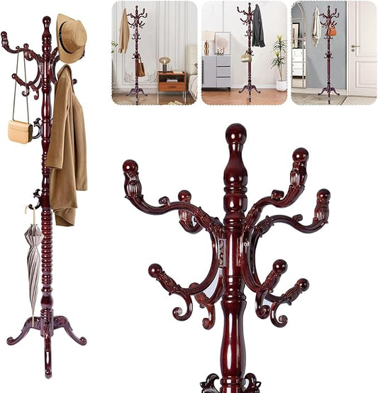Solid Wood Coat Rack – 73" Freestanding Coat Racks Stand with 14 Hooks & Stable Base, Adjustable Height Modern Wooden Hall Tree for Entryway, Bedroom, Office, Home (Mahogany Triangle)-DeskLoop Office