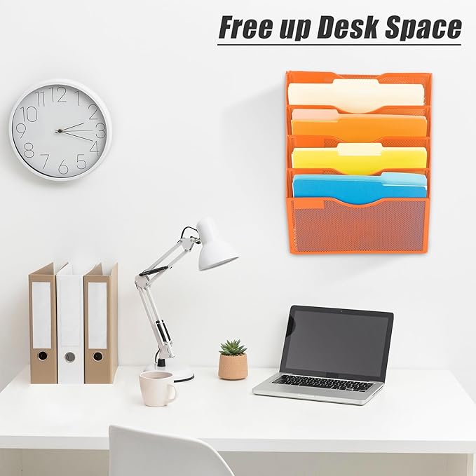 EASEPRES 5 Pocket Mesh Hanging Wall File Organizer, Wall Mounted Mail Paper Document Folder Holder, Clipboard Storage Organization Magazine Rack with Nametag Label for Office Home School, Orange-DeskLoop Office