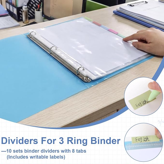 10 Sets 80Pcs Clear Sheet Protector Sleeves, Plastic 3 Ring Binder Dividers | - Image 3