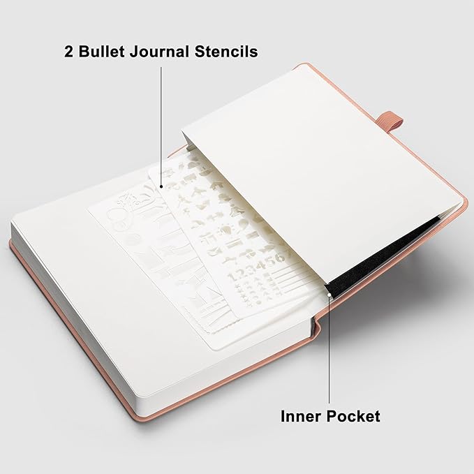 RETTACY Bullet Dotted Journal Notebook, 256 Pages, A5 Medium Size (5.7'' × 8.3''), Leather Hardcover, 120 GSM Thick Paper, for Bullet Journaling, Planning, Tracking (Pink)-DeskLoop Office