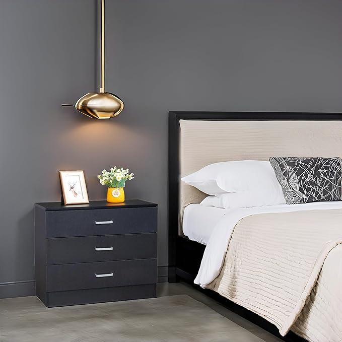 Karl home 3 Drawer Dresser, Modern Storage Chest of Drawers, Wood Bedside Table Night Table for Bedroom,Living Room (Black)-DeskLoop Office