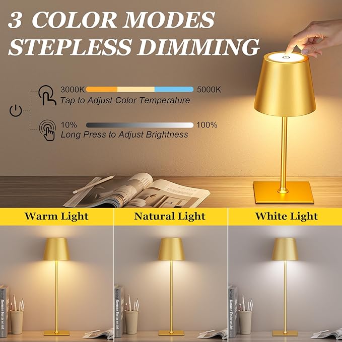 Kakanuo Gold Cordless Rechargeable Table Lamp 5000mAh Battery Operated Lamps - Image 2