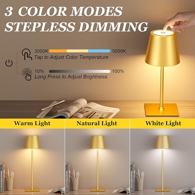 Kakanuo Gold Cordless Rechargeable Table Lamp 5000mAh Battery Operated Lamps - Image 2