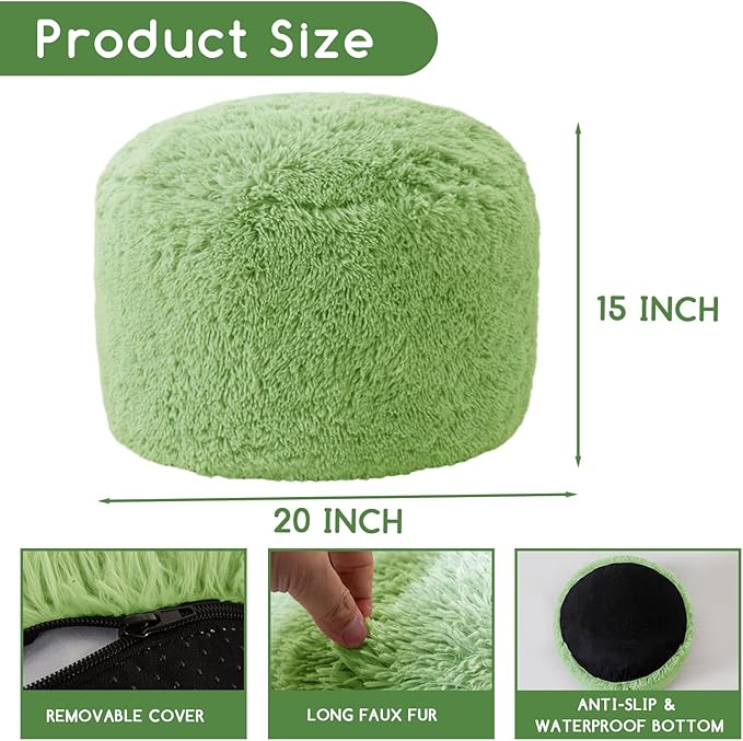 HIGOGOGO Round Stuffed Pouf Ottoman, Long Faux Fur Poufs with Foam Chunk Filling, Fluffy and Furry Pouf Foot Stool Storage Ottoman, 20 X 15 Floor Poufs Foot Rest for Living Room, Green-DeskLoop Office