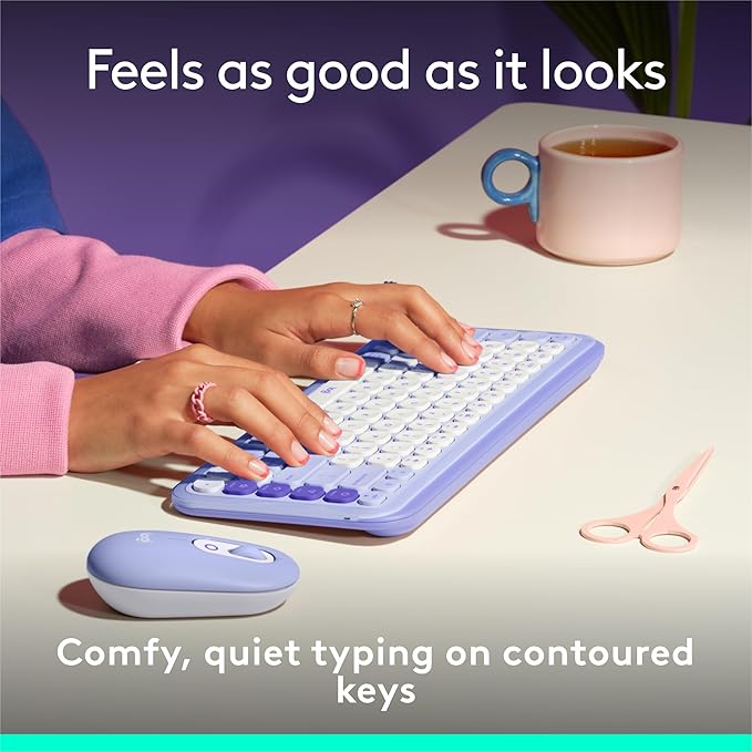Logitech POP ICON Keys Wireless Bluetooth Keyboard, Comfortable Typing, Programmable Keys, Easy-Switch Between up to 3 Devices, for Laptop, Tablet, PC – Lilac and Off-White-DeskLoop Office