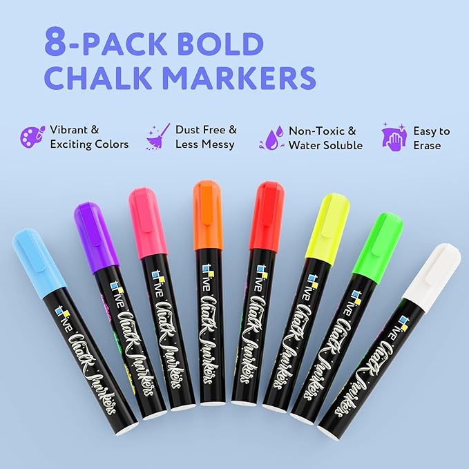 TFIVE Chalk Markers - 8 Color Chalk Pens and 24 Labels - Dry & Wet Erase, Reversible Tip, for Chalkboards, Signs, Windows, Blackboard, Glass, Mirrors, Liquid Chalk-DeskLoop Office