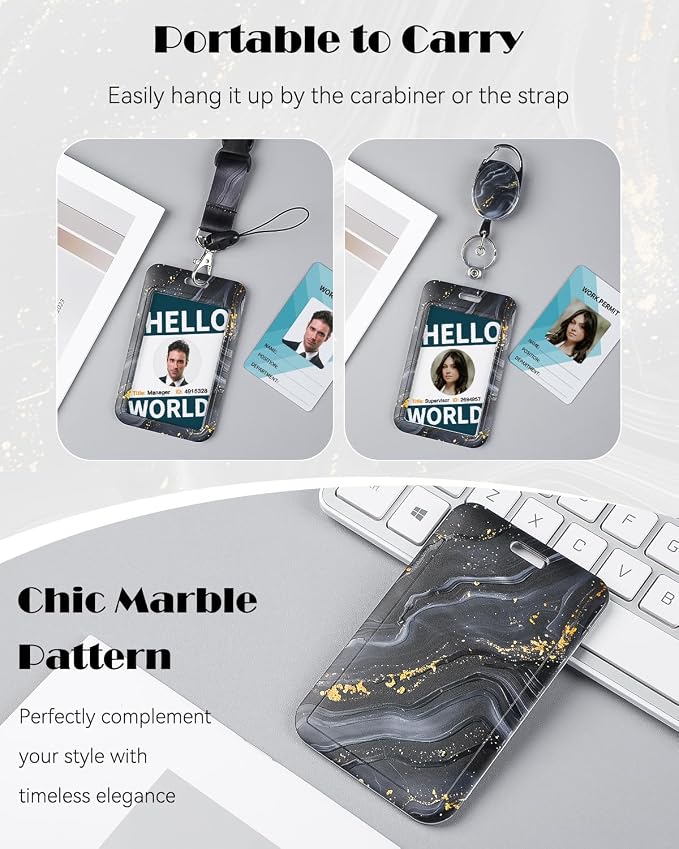 Uniclife Marbling Sliding Badge Holder Black & Gold Marble Pattern Plastic Card - Image 6