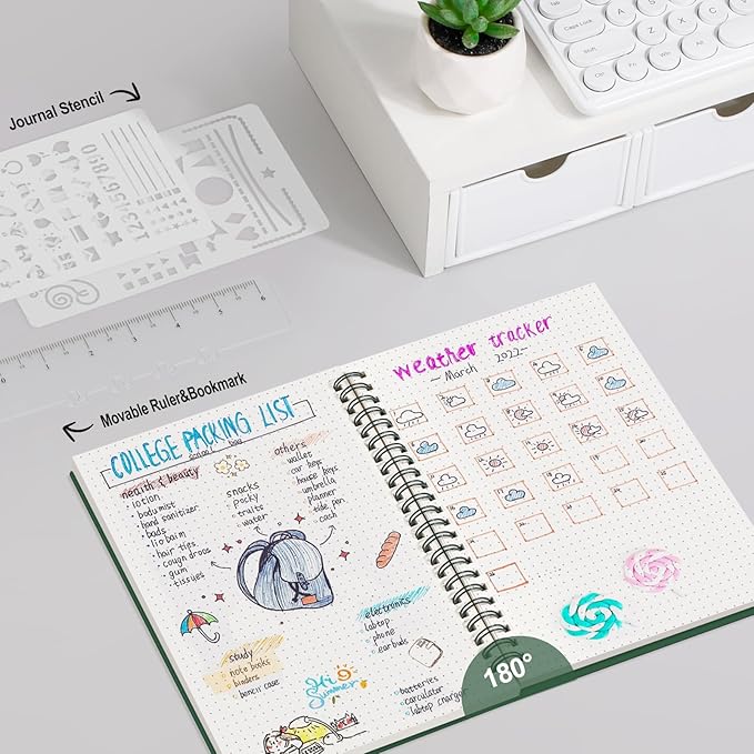 AHGXG Bullet Dotted Journal - Dot Grid Spiral Notebook A5, 160 Pages, 100 GSM Thick Paper, Waterproof Plastic Cover Journals for Bullet Journaling, Sketching, 5.7" x 8.3", Green-DeskLoop Office