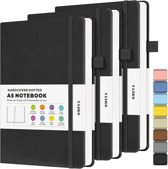 OMEYA Dotted Journal Notebook 3 Pack, A5 Hardcover Notebook with 120gsm Thick Dotted Paper, Leather Journals for Women, Men, Dot Grid Notebook Journal for Writing, Notebooks for Work, 5.75" × 8.38"-DeskLoop Office