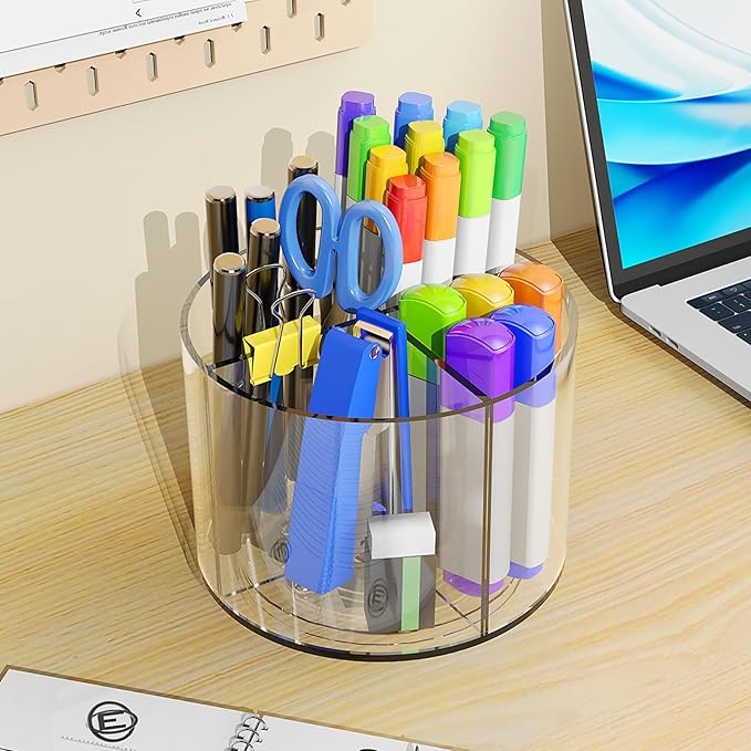 Acrylic Pen Holder, 360 Degree Marker Organizer for Desk, Rotating Desk Storage With 4 Compartments, Art Supply Crayon Holder for Office School Home, Clear-DeskLoop Office