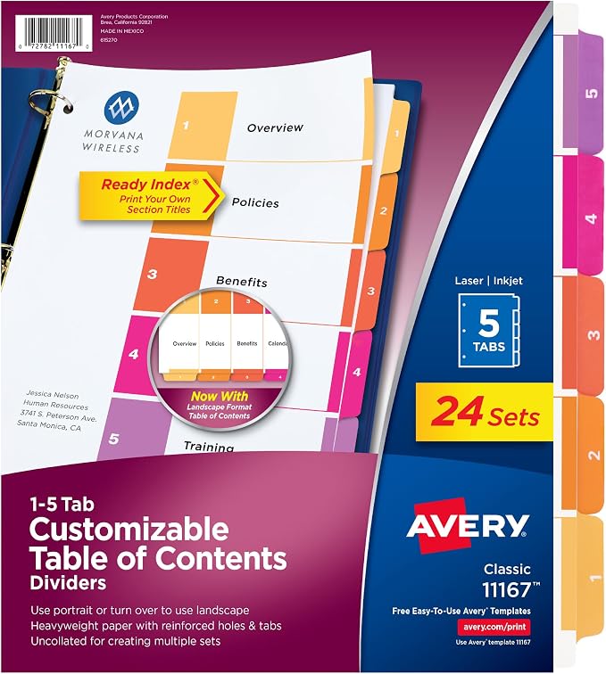 Avery Dividers for 3 Ring Binders, 5 Tabs per Set, Customizable Table of by Avery